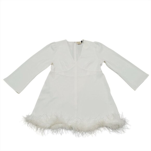 RIXO Womens Bridal Toni Feathered Mini Dress 14 White V-Neck Wedding Par… - Picture 6 of 16